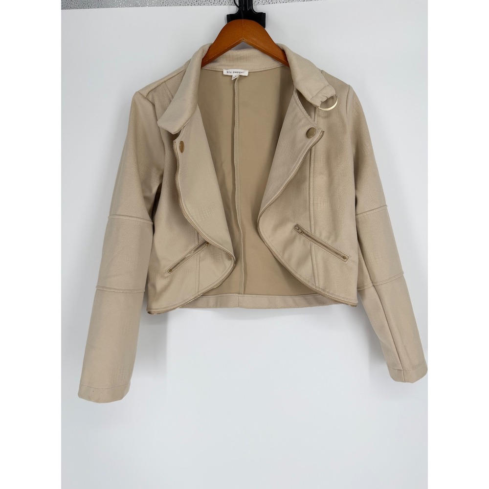 Blu Pepper Womens Jacket Large Beige Faux Leather Cropped Moto Biker Streetwear